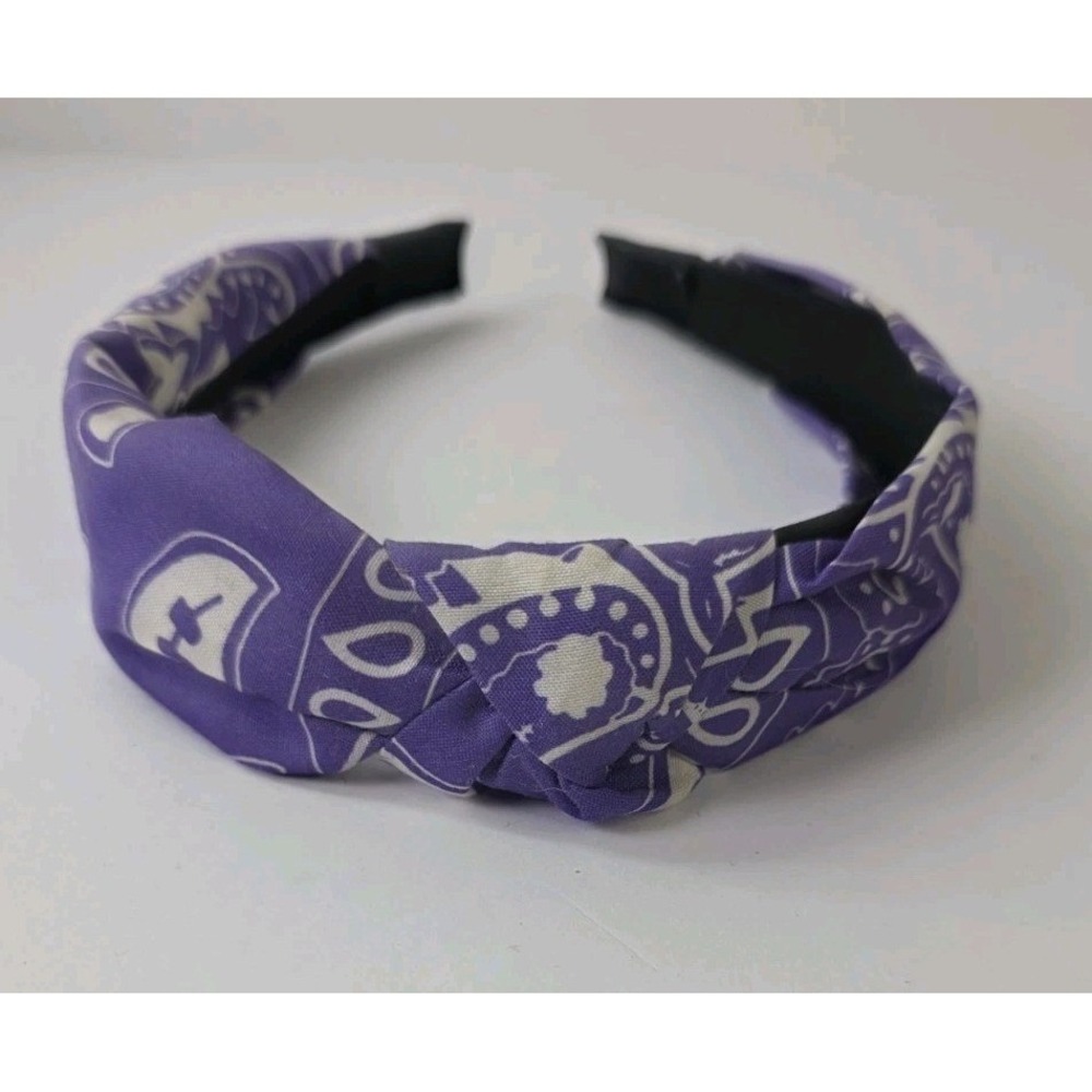 Purple White turban knot headband bandana paisley jersey fabric cover band teeth